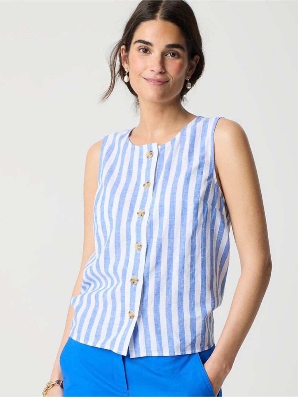 NWT J. Crew Sleeveless Blue & White Striped Button-Front Top
